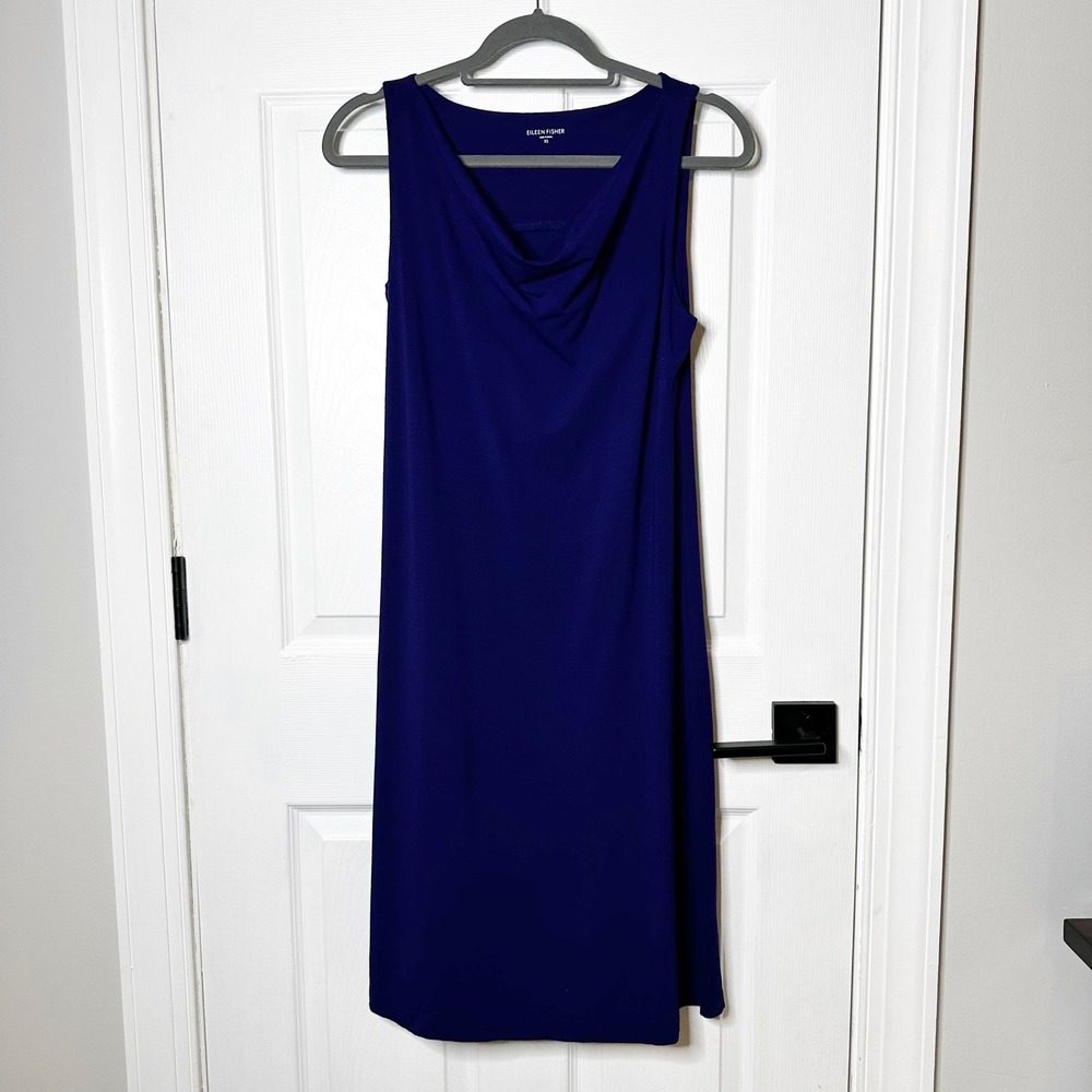 Eileen Fisher Sleeveless Cowl‎ Neck Midi Dress Blue XS Viscose Spandex Lagenlook
